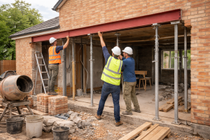 steel beam installation during house extension construction