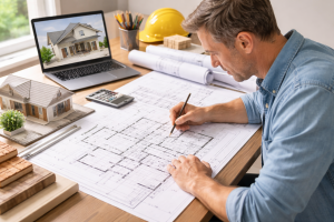 architect designing house extension drawings