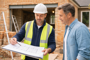 builder discussing house extension plans with homeowner