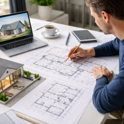 Architectural technician reviewing home extension plans