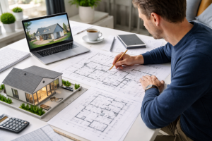 architect or architectural technician reviewing home extension plans